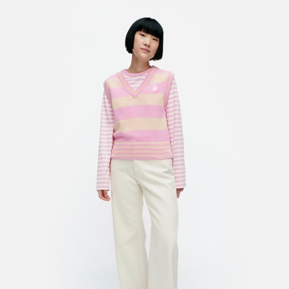 Marimekko Siete Maalis Patja Sweater Vest Size XS NWOT Pink Cream Stripe